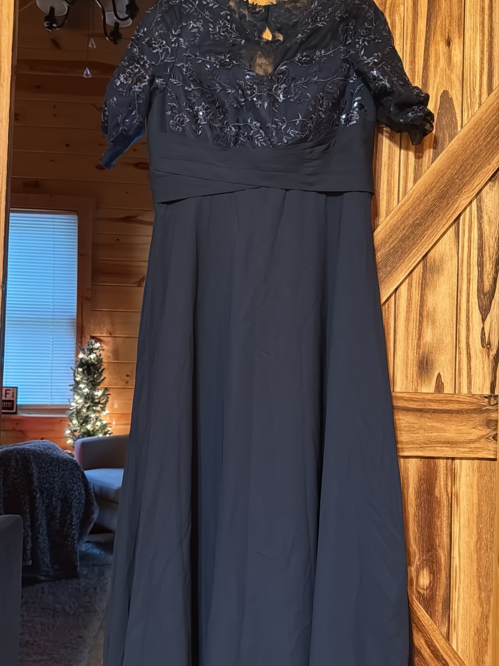 Classic Navy Embroidered Bodice Long Sleeve Evening Dress